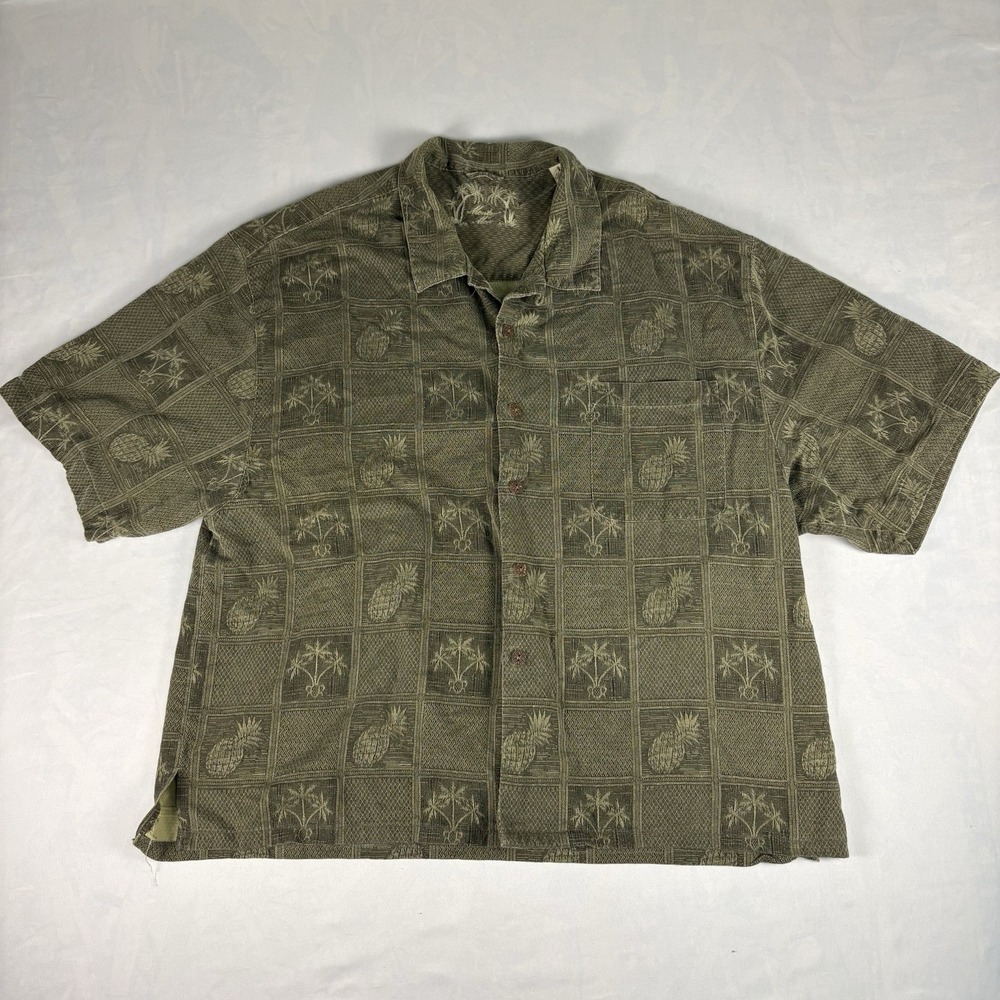 Montego Mon 100% Silk Tropical Camp Shirt - Men's XXL - Olive Green Jacquard